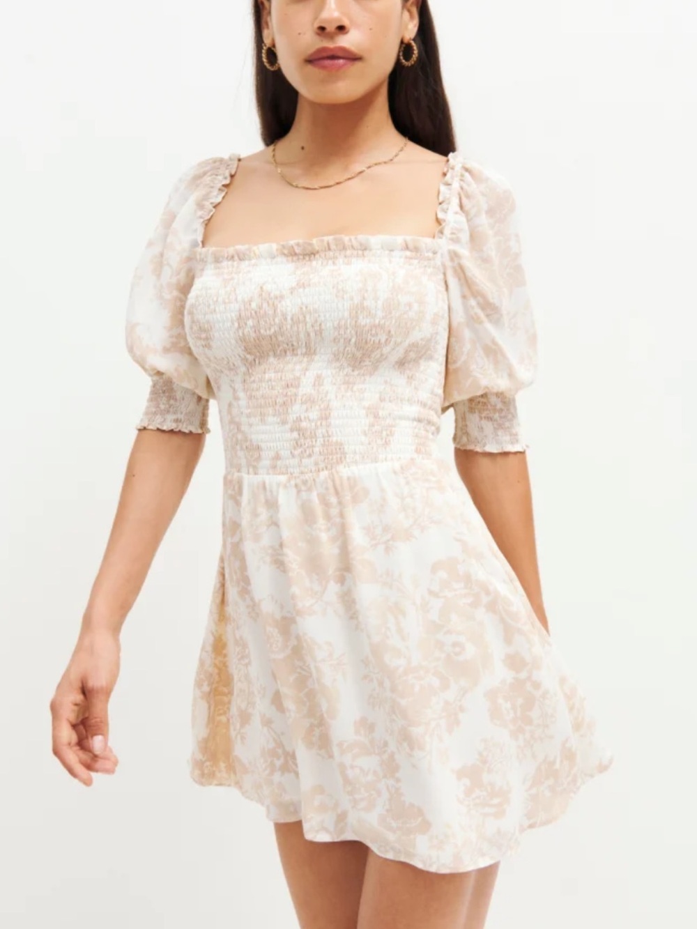 NWT Reformation Elle Smocked Mini Dress in White/Beige Print.